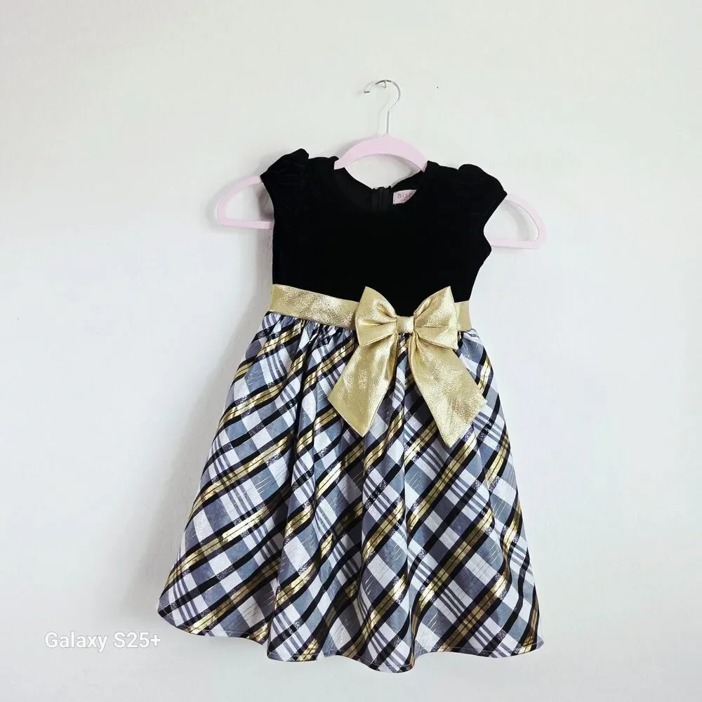 Biscotti Collezioni Girls Holiday Dress Size 5 Black Velvet Gold Plaid